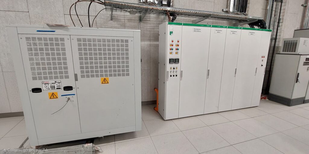 Tableau général basse tension TGBT en local technique, alimentation transformateur